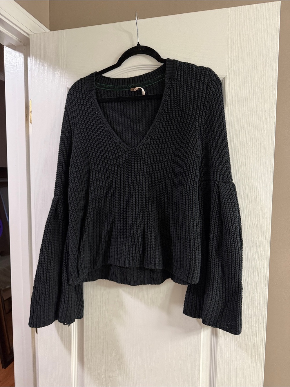 Free People Black Ribbed V-Neck Bell Sleeve Sweater